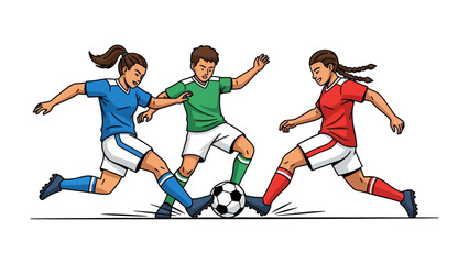 Soccer Showdown: Dynamic illustration captures the intensity of a soccer match, with players in vibrant uniforms battling for control of the ball on a simplified green field.