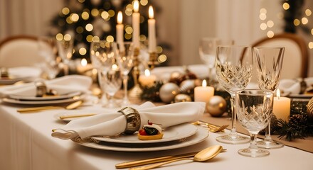 Elegant Christmas Eve dinner, candlelight illuminates a table set with gold cutlery, fine crystal glassware, and a delicious appetizer.