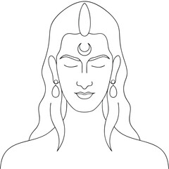 Elegant Line Art Depiction of a Serene Woman with Symbolic Forehead Adornments and Flowing Hair Evoking Divinity