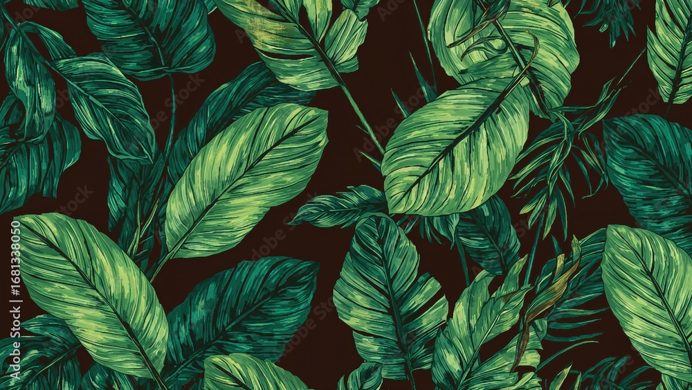 Poster leaf elements on a dark backdrop creating a tropical design for fabric and decoration