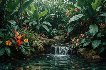 Fototapete Krankenhaus A lively garden teeming with exotic plants and bright blossoms flourished, with the soothing murmur of flowing water nearby.  © VirtualVista