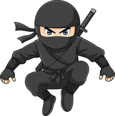 Cartoon ninja, action pose, black outfit, intense eyes, martial arts, stealth warrior, sword on back, vector design, dynamic character, chibi style