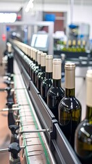Obraz premium Wine Bottles on Conveyor Belt in Modern Winery.