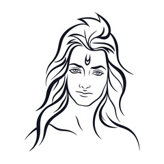 Serene Gaze of Divinity A Line Art Portrait of a Hindu God with Flowing Hair and Third Eye