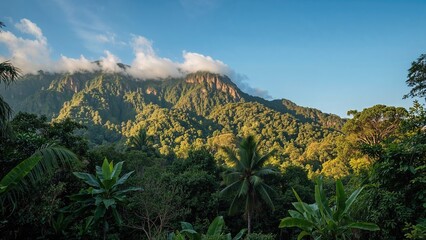 Afternoon sunlight casting warmth over a tropical rainforest in a hilly landscape