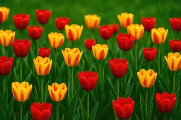 Obraz premium Colorful tulip display featuring red and yellow blooms with a green background