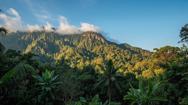 Afternoon sunlight casting warmth over a tropical rainforest in a hilly landscape