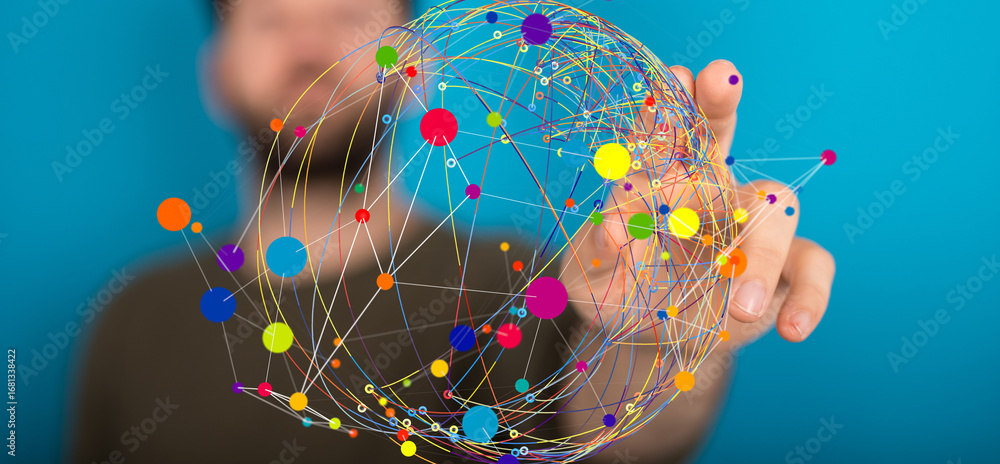 Poster abstract image of a person interacting with a colorful network, representing global connections and 
