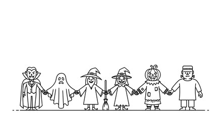 Halloween Costumes Parade Friendly Monsters Witches Vampires And Ghosts Holding Hands Line Art Illustration Spooky Fun
