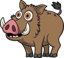 Cartoon wild boar, funny animal, smiling warthog, cute tusks, expressive eyes, vector illustration, children’s art, friendly creature, brown fur, playful design