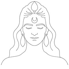 Elegant Line Art Depiction of a Woman with a Crescent Moon Adornment and Flowing Hair Expressing Serenity and Mysticism