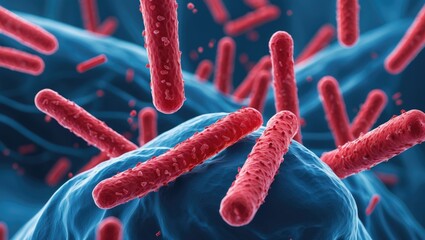 Red-stained rod-shaped bacteria observed under a microscope, highlighting tuberculosis infection