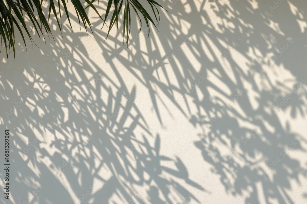 Poster shadow of tropical leaves cast on a white wall, sunlight filtering through tree branches creating a 