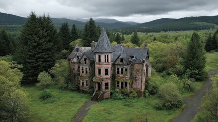 Abandoned mansion in lush forest