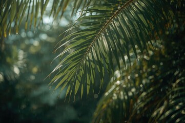 Sunlit tropical foliage with raindrops and a soft-focus backdrop