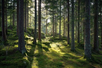 Sunbeams pierce a mossy forest floor