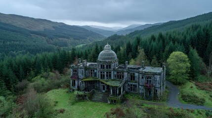 Abandoned mansion in mountain valley