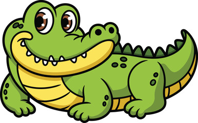 Crocodile, cartoon, vector, green, smiling, animal, character, cute, playful, illustration, reptile, kids, friendly, teeth, tail, yellow belly, expressive, underwater, fun, stylized