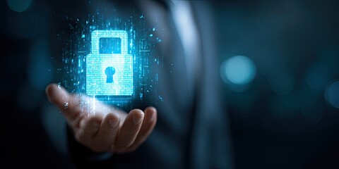 A hand holds a glowing, digital padlock symbol