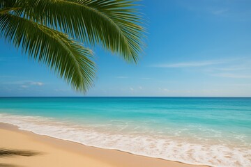 Sunny coastal landscape with palm fronds, tranquil waters, and a bright blue sky