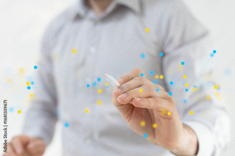 Poster image of a businessman interacting with a digital network visualization. perfect for technology, con