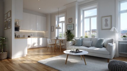 Fototapeta premium Scandinavian style studio apartment, oak flooring, white minimal kitchen, cozy sofa, soft daylight, photorealistic
