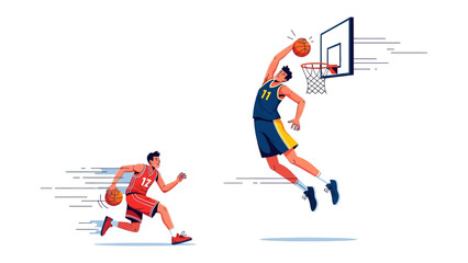 Basketball action: Energetic digital illustration of a basketball player soaring through the air, executing a gravity-defying dunk, capturing the dynamism and exhilaration of the sport.