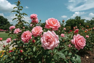 Obraz premium Vibrant red and pink roses blossoming in a lush garden setting