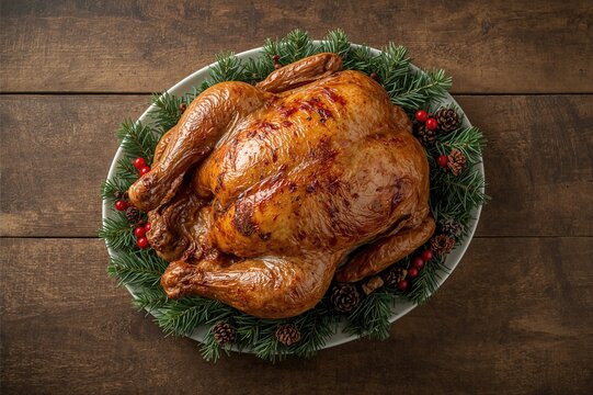 Whole roasted chicken with festive holiday decorations on a wooden surface, viewed from above
