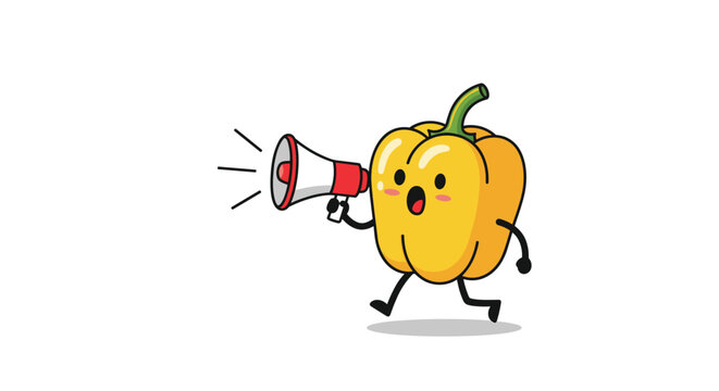 Cute yellow bell pepper character running and shouting loudly through a megaphone promoting healthy eating