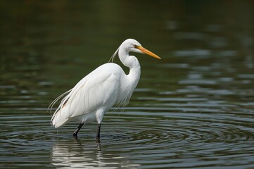 Naklejka premium A large white heron from the Ardea genus hunting in a freshwater habitat, showcasing its feathers and natural surroundings
