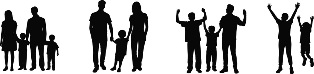 Family silhouettes, parents and children, joyful moments, togetherneoutdoor, love, parenting, childhood, celebration, motion, jumping, arms raised, walking, emotional connection, black figures