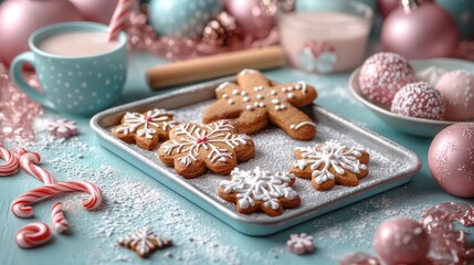 Fototapeta premium A tray of cookies and candy canes on a table christmas background