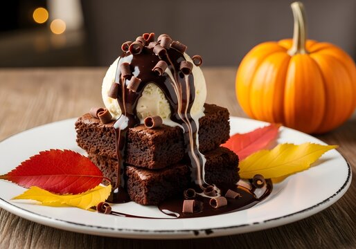Decadent chocolate brownies with vanilla ice cream drizzled with chocolate sauce and autumn leaves