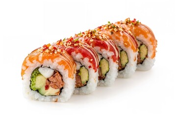 Creative sushi roll with diverse ingredients on a plain white surface. Macro shot.