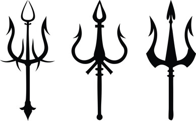 Three Black Trident Illustrations Showcasing Mythological Symbolism and Sharp Designs in Vector Art Depicting Power and Strength