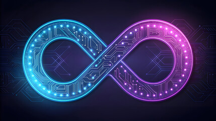 Digital infinity symbol illuminated with circuitry and neon gradient on dark background