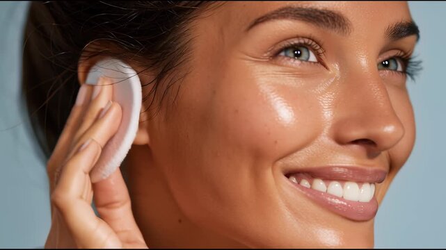 Female applying skincare toner, softly dabbing face with cotton pad, showcasing fresh, glowing complexion against pale blue minimalist background