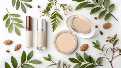 Flat lay of natural beauty makeup products including foundation concealer and powder with green leaves and almonds on a white surface