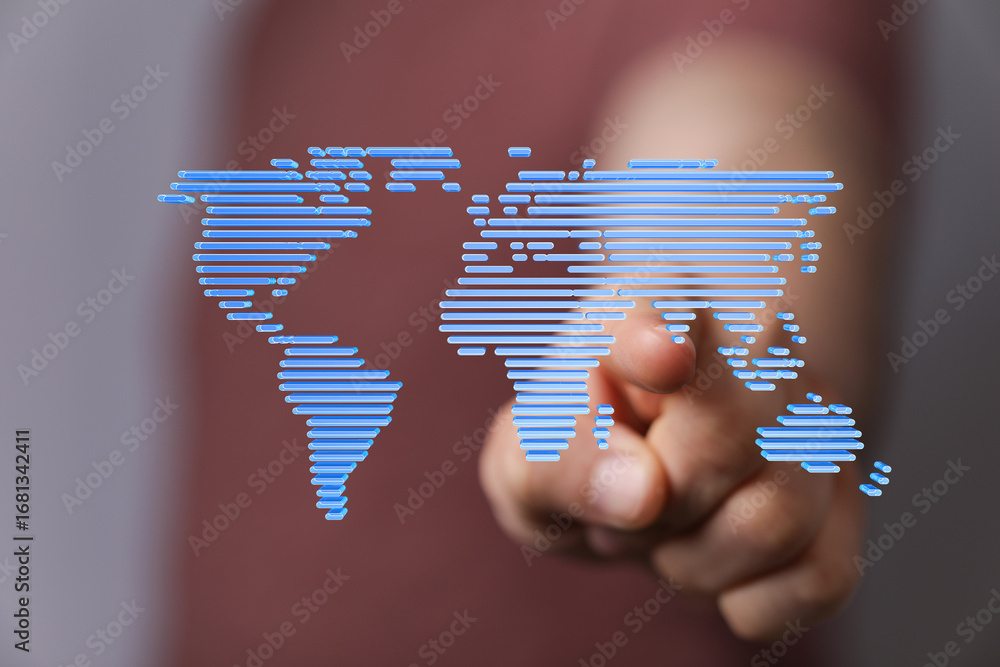 Poster hand pointing at a digital world map, illustrating global connectivity and networking.