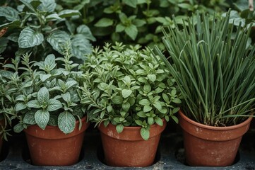 Fototapeta premium Line of rustic terracotta containers filled with vibrant green culinary herbs including sage, mint, rosemary, oregano, and chives