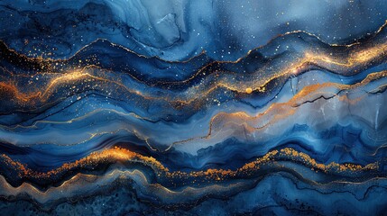 Fototapeta premium Abstract Blue Gold Marble Luxurious Background, Liquid Art Golden Glitter Water Texture High-Quality Wallpaper Design Material 