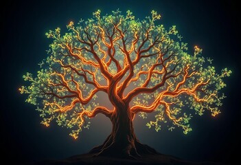 Tree branches formed by glowing code lines, symbolizing technological harmony with nature,  digital nature, nature