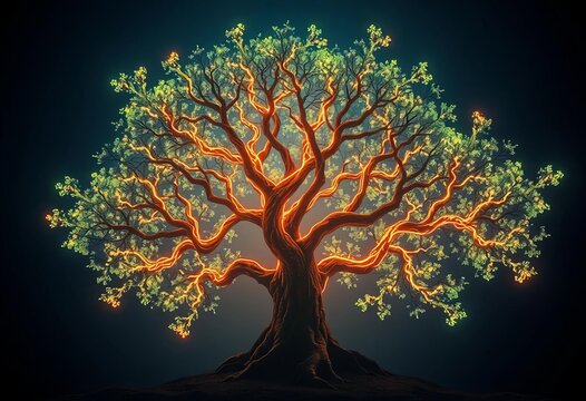 Tree branches formed by glowing code lines, symbolizing technological harmony with nature, digital nature, nature