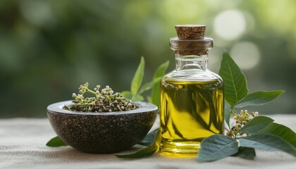 Neem And Lilac Ayurvedic Antibacterial Herbs With Oil In Bottle And Mortar, Against Plain Background, With Focus On Details.