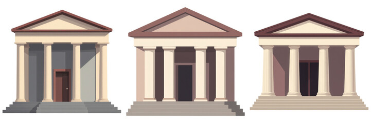 Fototapeta premium Three distinct classical-style buildings featuring columns and pediments, showcasing varying designs and colors.
