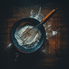 Baking preparation still life of flour in bowl with whisk on wooden table overhead shot in dark moody style