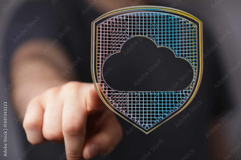 Aufkleber image of a hand pointing to a cloud icon inside a shield, representing secure cloud data protection.