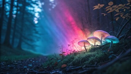 Colorful Glowing Light Coming from Mushroom in Forest