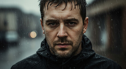 Intense man caught in pouring rain, raindrops on face, determined expression, looking ahead